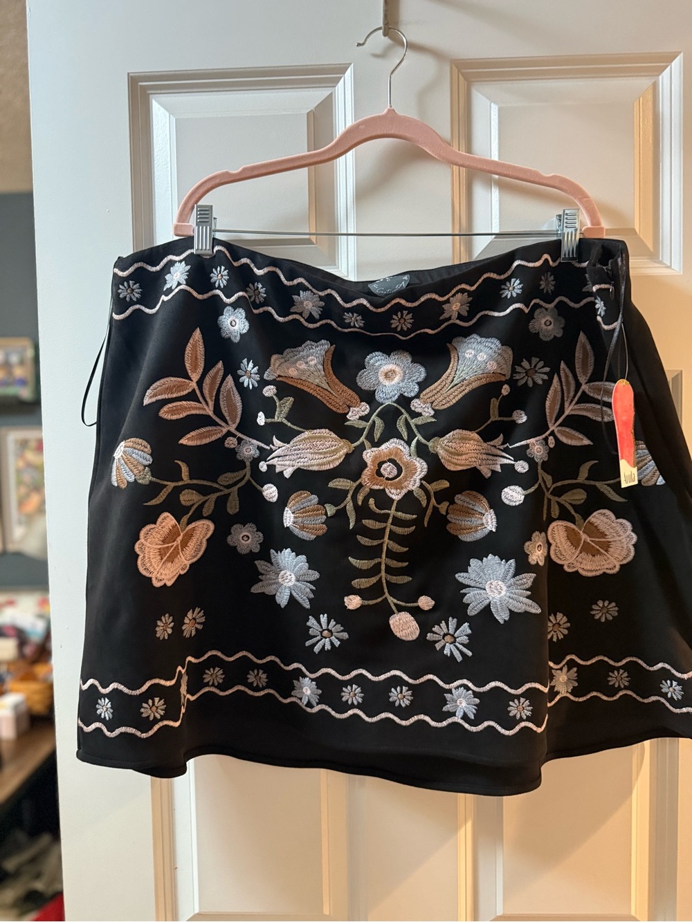 ARULA Black A-Line Skirt with Embroidered Floral Motif